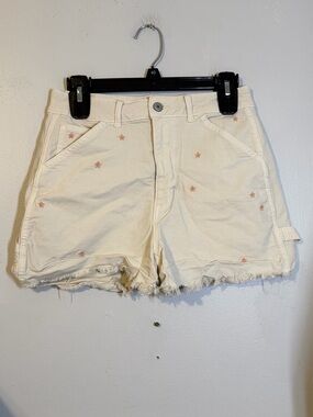 American Eagle Outfitters Cream Embroidered Frayed-Hem Cargo Shorts